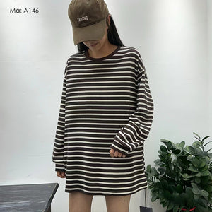 Áo T-shirt dài tay cổ tròn form dài kẻ sọc - A145