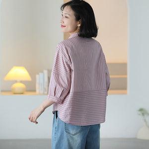 Áo sơ mi linen ngắn tay cổ đứng vạt mullet kẻ sọc - NU10321