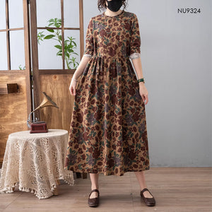 Đầm liền dài tay cổ tròn xếp ly khuy lệch eo dây rút - NU9323