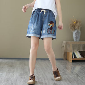 Quần sooc denim lưng thun thêu cô gái hai túi sau - NU10288