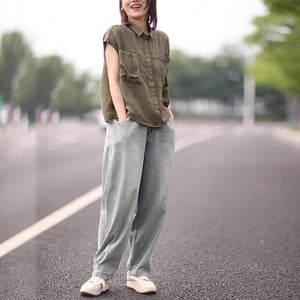 Áo sơ mi linen sát nách cổ đức hai túi vuông lớn đơn sắc - NU9051
