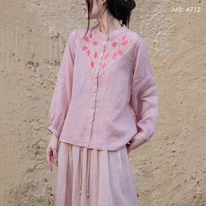 Áo sơ mi linen dài tay cổ đứng thêu hoa lá trái tim - A711