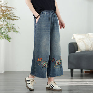 Quần baggy denim lửng lưng thun thêu chiếc ô - Q155