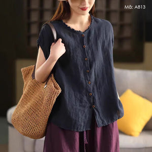 Áo sơ mi linen sát nách cổ tròn xếp ly - A812