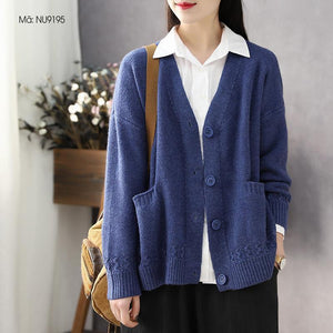 Áo khoác cardigan len đan dài tay cổ V hai túi - NU9194