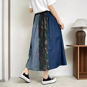 Chân váy linen lưng thun thêu chắp vá kẻ sọc - NU10098