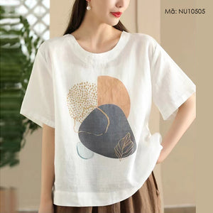 Áo T-shirt linen ngắn tay cổ tròn in hình học form rộng - NU10504