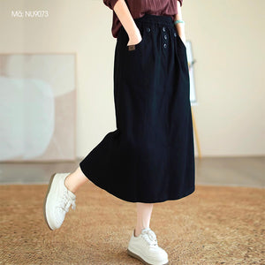 Chân váy retro lưng thun đính khuy kiểu xẻ tà sau - NU9072