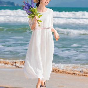 Đầm liền linen retro ngắn tay cổ tròn thêu đường viền - NU9045
