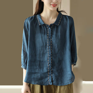 Áo sơ mi linen tay lửng cổ pipi thêu viền những bông hoa - NU8940