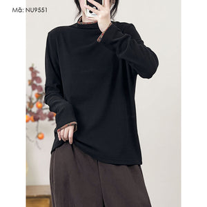 Áo T-shirt dài tay cổ đứng phối hoa lá đơn sắc - NU9551