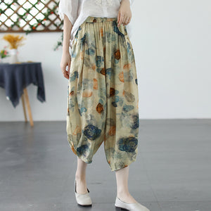 Quần baggy linen lưng thun ống túm in hoa văn retro - NU8850