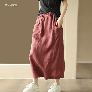 Chân váy linen retro hai túi đính khuy lưng thun - NU9000