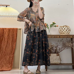 Áo sơ mi linen babydoll ngắn tay cổ V in hoa lá - NU9856