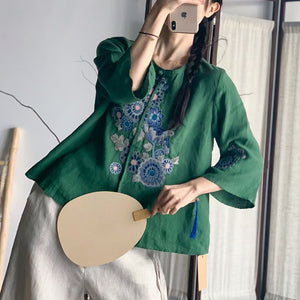 Áo sơ mi linen tay lửng cổ tròn một khuy thêu hoa lá - NU9071