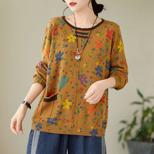 Áo len dài tay cổ tròn phối màu in hoa lá một túi - A443