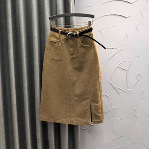 Chân váy denim retro túi kiểu kèm thắt lưng xẻ tà - V028