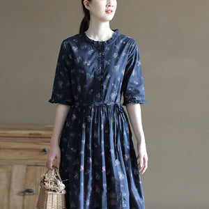 Đầm liền linen ngắn tay cổ đứng in những bó hoa liti - NU10017