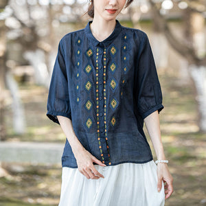 Áo sơ mi linen ngắn tay cổ pipi thêu những hình thoi - NU10149
