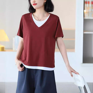 Áo T-shirt ngắn tay cổ V kiểu hai lớp lệch màu - NU10473