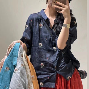 Áo sơ mi linen ngắn tay cổ đức thêu những chùm hoa - NU10175