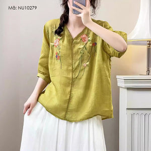 Áo sơ mi linen ngắn tay cổ V thêu hoa đối xứng trước ngực - NU10278