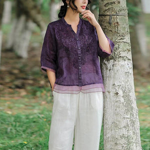 Áo sơ mi linen ngắn tay cổ V thêu hoa lá đồng màu - NU9805