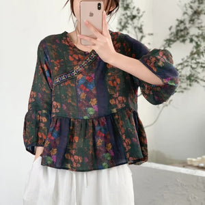 Áo sơ mi linen tay lửng cổ V vạt chéo in hoa lá - A778