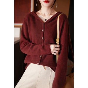 Áo khoác len cashmere dệt kim dài tay có mũ khuy cài - NU9563