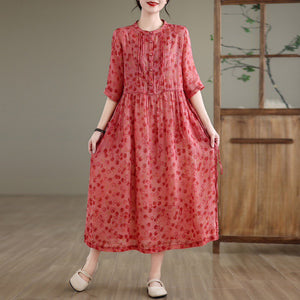 Đầm liền linen ngắn tay cổ tròn xếp ly in retro - NU10451