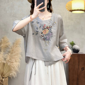 Áo sơ mi linen ngắn tay cổ tròn thêu hoa lá kiểu vạt lệch  - A959