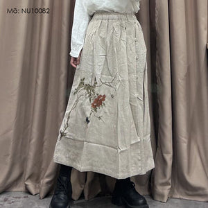 Chân váy linen retro lưng thun thêu hoa lá khuy cài - NU10081