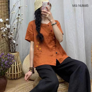 Áo sơ mi linen ngắn tay cổ tròn thêu hoa lá khuy sắc màu - NU8684