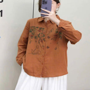 Áo sơ mi dài tay cổ đức in chú mèo trong vườn - A270