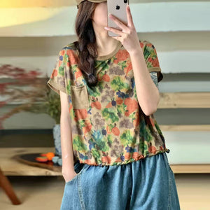 Áo T-shirt ngắn tay cổ tròn in retro vạt bo dây rút - A830