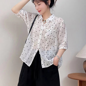 Áo sơ mi linen ngắn tay cổ đức chấm bi một túi - NU10437