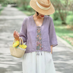 Áo sơ mi linen ngắn tay cổ V thêu hoa văn retro tua rua - NU9920