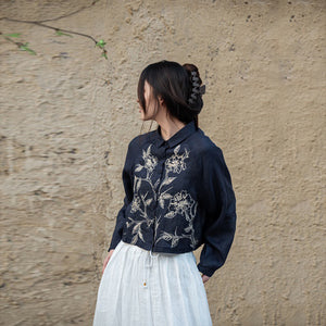 Áo sơ mi croptop dài tay linen cổ đức thêu hoa lá - A965