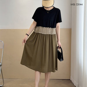 Đầm liền linen ngắn tay cổ tròn kiểu hai tầng - D043