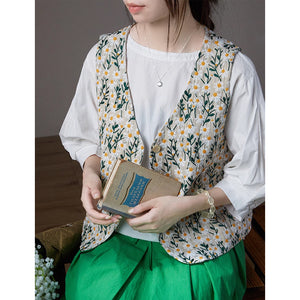Áo khoác linen gile sát nách cổ V thêu những bông cúc họa mi - OD1748