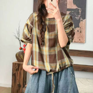 Áo sơ mi linen ngắn tay cổ tròn kẻ caro vạt bo dây rút - A837