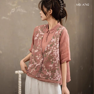 Áo sơ mi linen ngắn tay cổ đức kiểu phối gile - A741