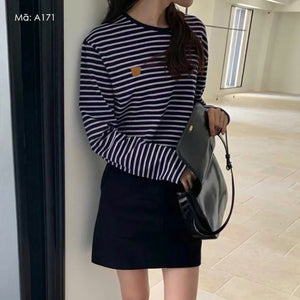 Áo T-shirt dệt kim dài tay kẻ sọc cổ tròn - A170