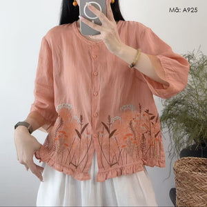 Áo sơ mi linen tay lửng cổ tròn thêu hoa lá - A924
