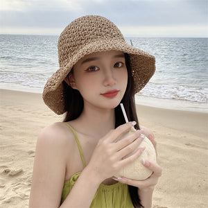Mũ cói móc tay retro vành rộng kiểu đan dây - M020
