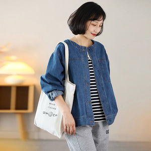 Áo khoác denim retro dài tay cổ tròn một túi vuông - NU9098