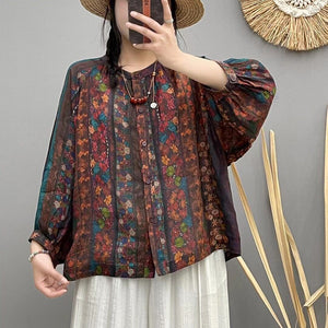 Áo sơ mi linen dài tay cổ đức hoa văn retro - NU10104