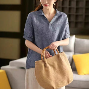 Áo sơ mi linen ngắn tay cổ đức một màu - A801