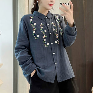 Áo sơ mi linen dài tay cổ đức thêu hoa song song trước ngực - NU10337
