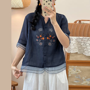 Áo sơ mi organza ngắn tay cổ V thêu hoa lá - NU9808